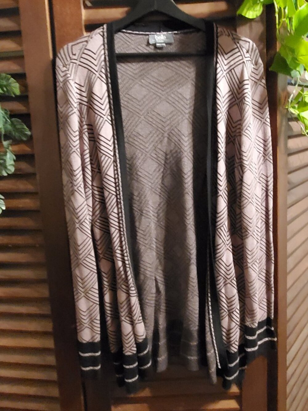 Open-Front Geometric Cardigan in Taupe & Black - Lightweight Layer
